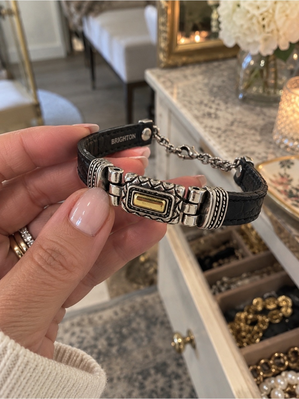 Brighton Black Leather Silver Gold Two-Tone Bracelet